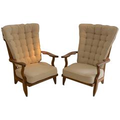 Pair of Guillerme et Chambron Solid Oak Armchairs, circa 1950, France