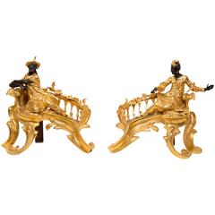 Chinese Pair of Louis XV Style Gilded Bronze Andirons, Signed Bouhon