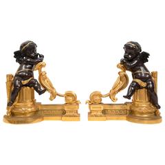 Pair of Andirons Love Decor Louis XVI Style Gilt Bronze, 19th Century Period