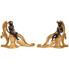 Antique Andirons Pair of Louis XV Style Decor in Babies and Gilt Bronze Patina
