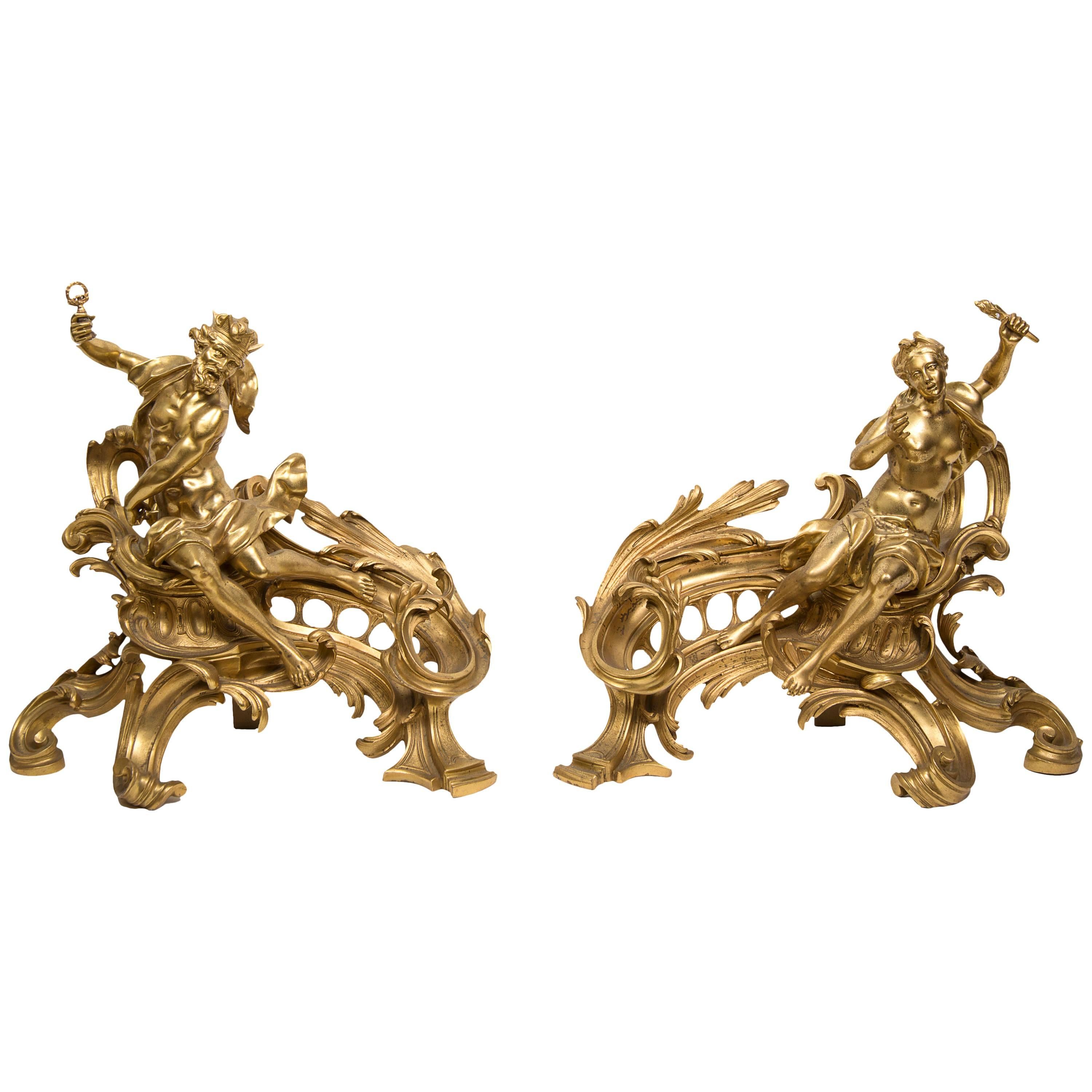 Exceptional Pair of Andirons in Gilded Bronze Decor from Neptune For Sale