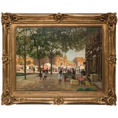 Market Square in Zurich, Oil on Canvas by Heinrich Hermanns, German Painter