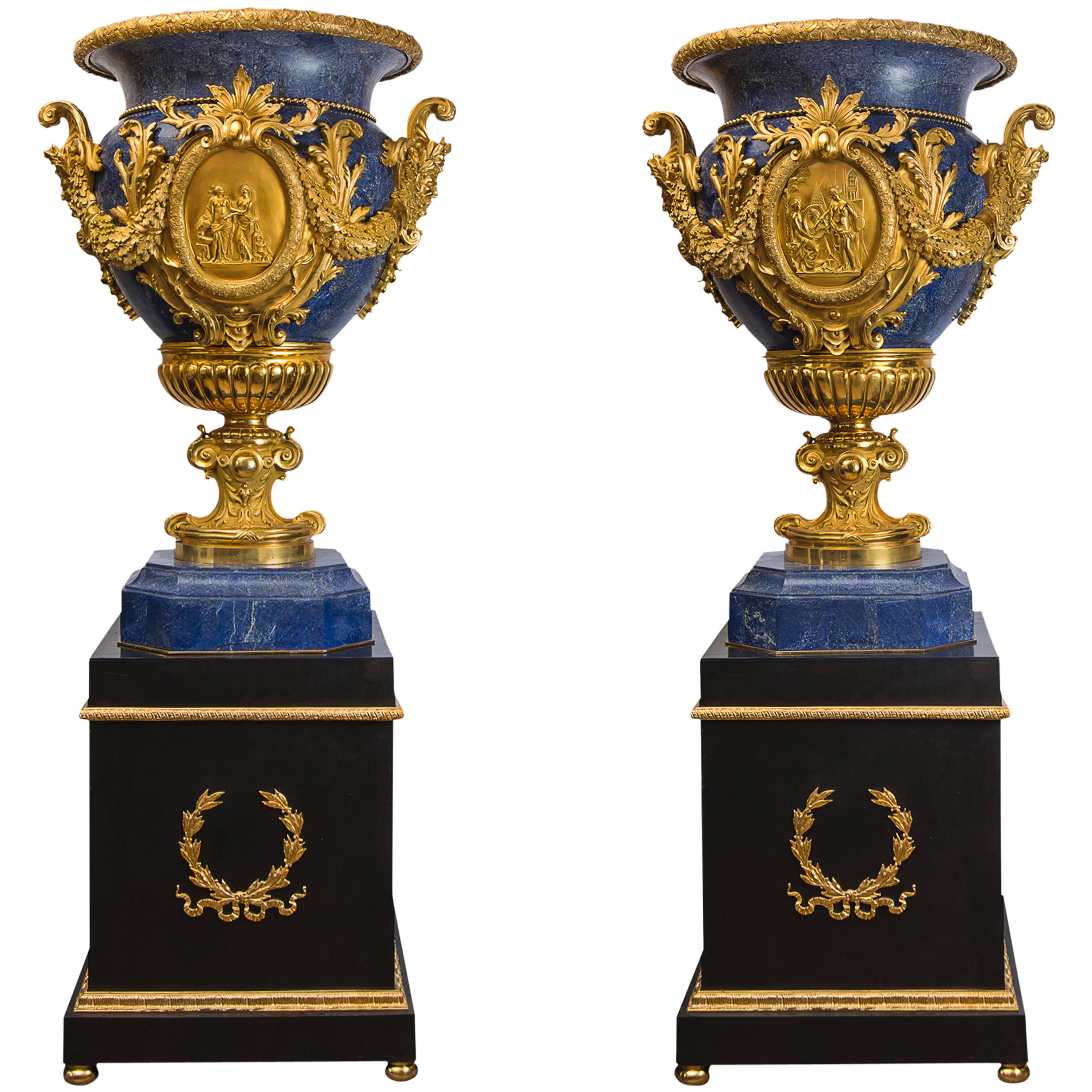 Exceptional Pair of Louis XVI Style Vases Made in Lapis Lazuli and Golden Bronze For Sale