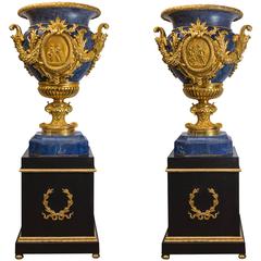 Exceptional Pair of Louis XVI Style Vases Made in Lapis Lazuli and Golden Bronze
