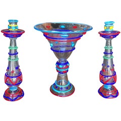 Murano Fine Old Handblown Brilliant Colors Trio Candlesticks Bowl Signed Master