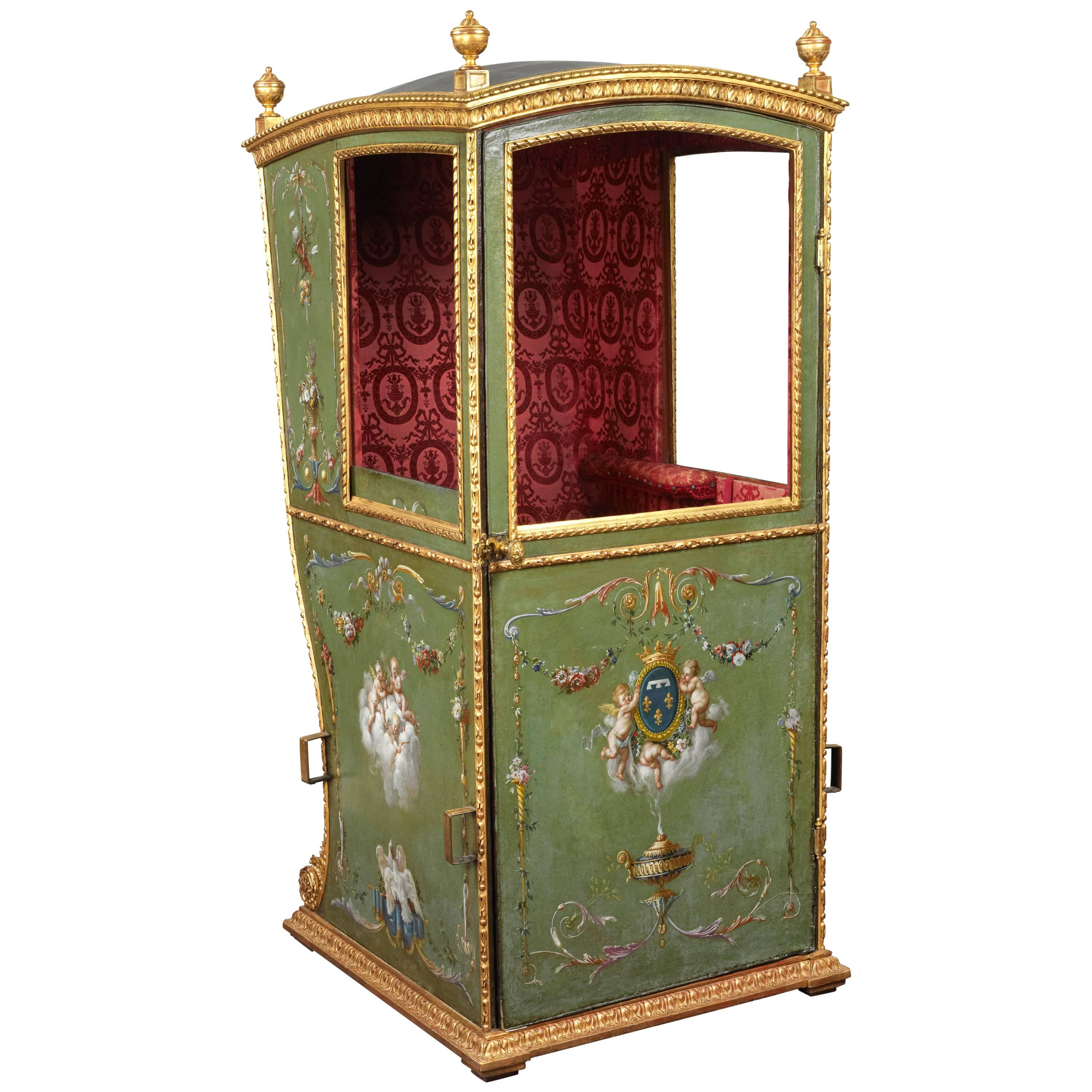 Green 18th Century Louis XVI Sedan Chair with original red interior fabric