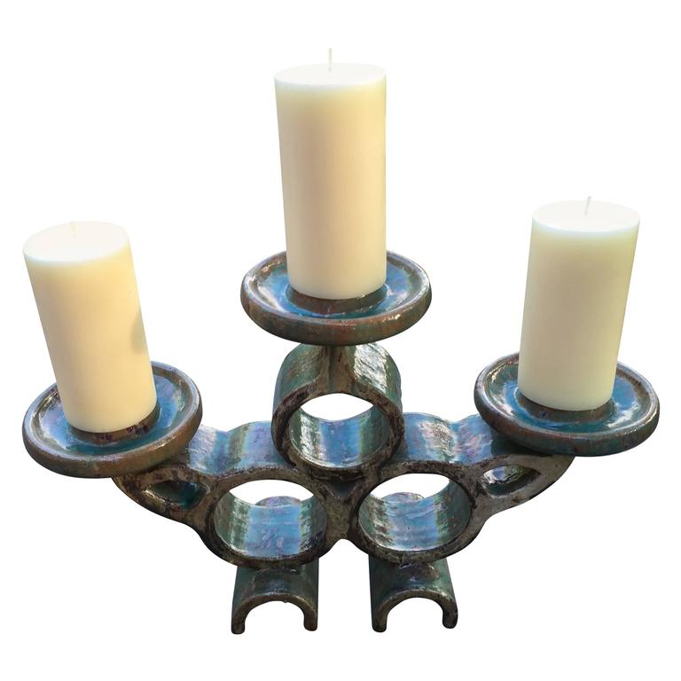 MidCentury Modern Craftsmen Hand Glazed Blue Candle Holder and Serving Vessel For Sale at 1stdibs