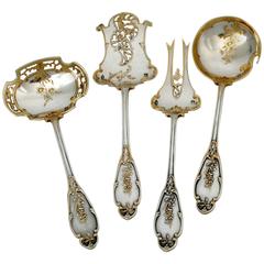 Debain Rare French All Sterling Silver 18-Karat Gold Dessert Set Four Pcs Box