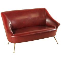 Two-Seat Sofa Springs Leatherette Brass Legs, Italy, 1950s