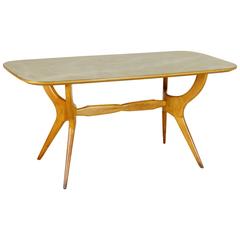 Beech and Back-Painted Glass Table, Manufactured in Italy, 1950s