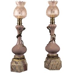 Pair of Oil Lamps in the Oriental Taste with Original Glass Light Shades, France 11