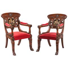 Antique Pair of English Mahogany Armorial Armchairs with Red Velvet Upholstery