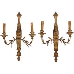 Fine Pair of Antique French Carved and Gesso Wood Wall Sconces