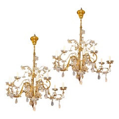 Pair of Large Gilt Metal & Rock Crystal Chandeliers, Sold Individually