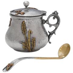 Antique Silver and Mixed-Metal Mustard Pot and Ladle