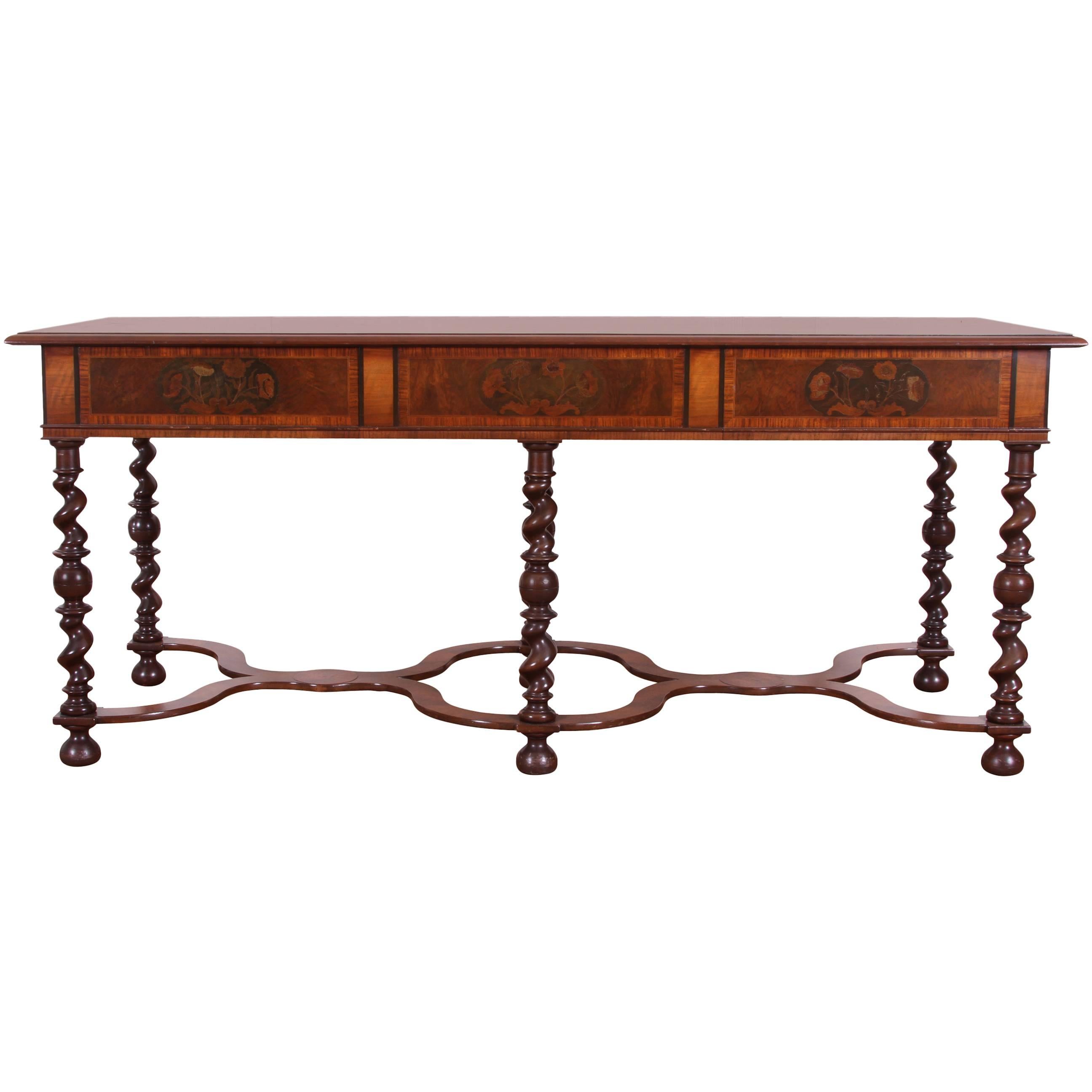 Inlaid Walnut William and Mary Console Table with Barley-Twist Base