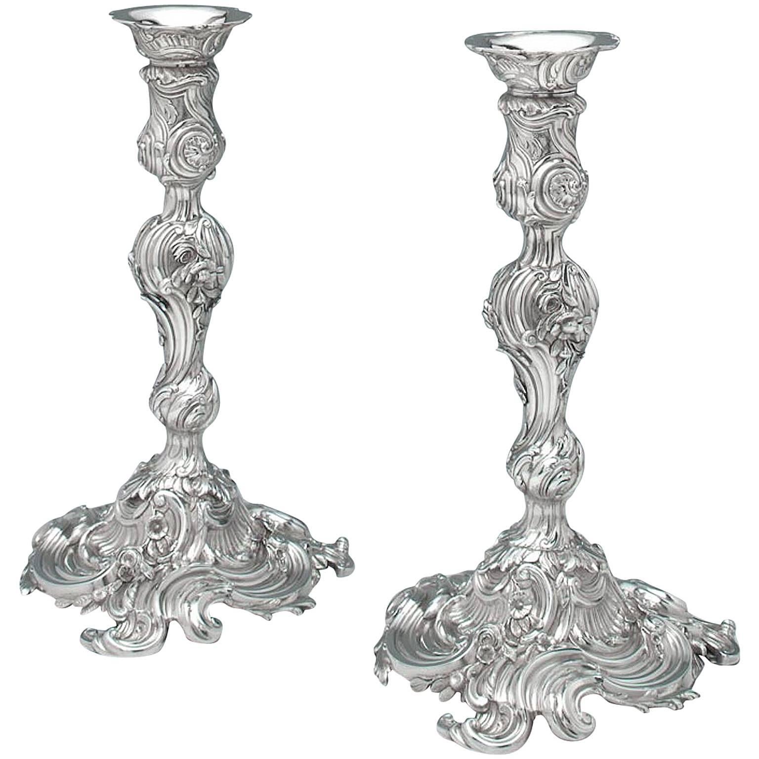 Pair of George II Antique English Silver Candlesticks from the Leinster Service For Sale