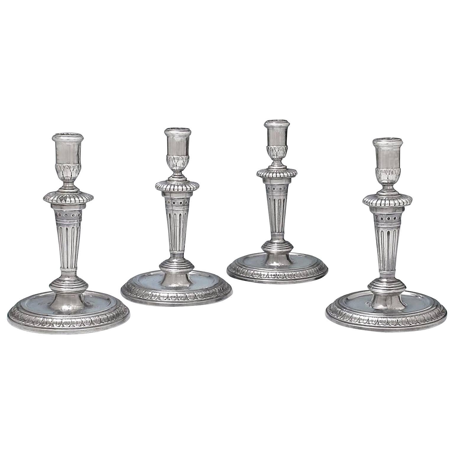Set of Four Queen Anne Antique English Silver Candlesticks For Sale