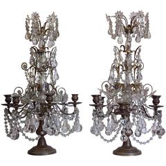 Pair of 19th Century French Brass Girandoles with Teardrop Crystal Drops