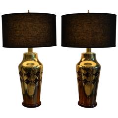 Mid-Century Modern Pair of Brass and Enamel Fish Pattern Table Lamps