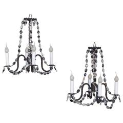 Pair of Vintage Rock Crystal Four-Arm, French, Chandeliers, circa 1940