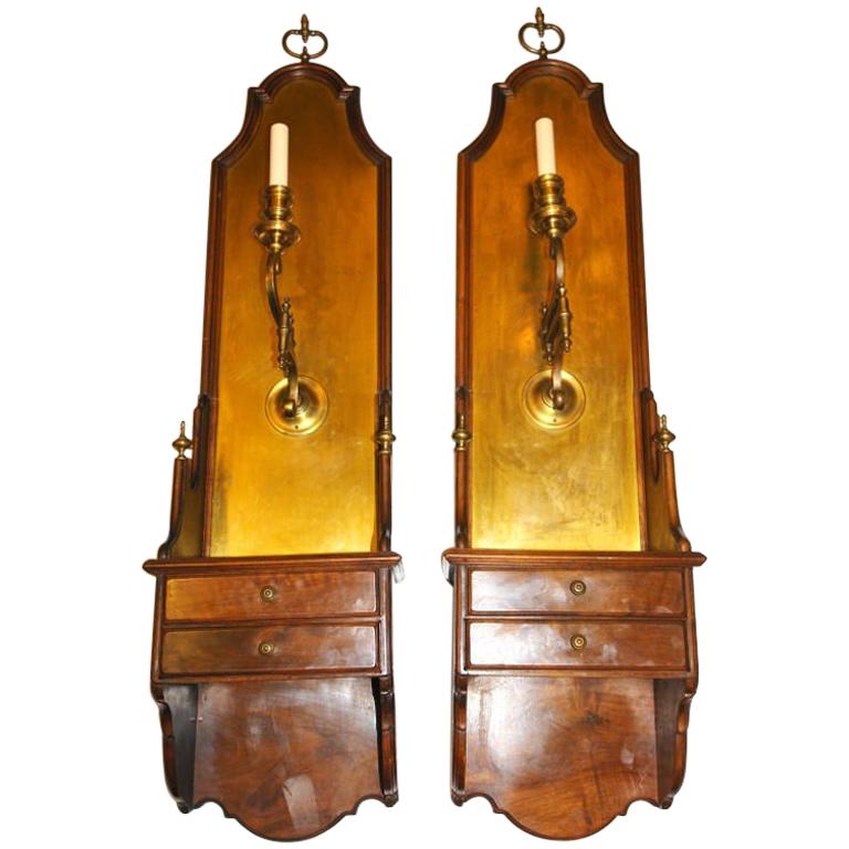Pair of Large Walnut and Brass Sconces For Sale