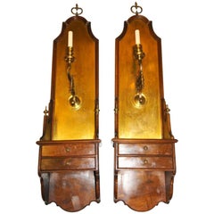 Vintage Pair of Large Walnut and Brass Sconces