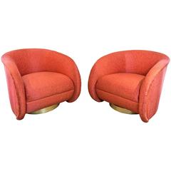 Milo Baughman Style Swivel Club Chairs with Gold Bases