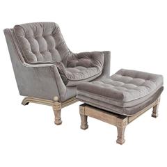  Modern Bleached Tufted Grey Velvet Lounge Chair with Ottoman