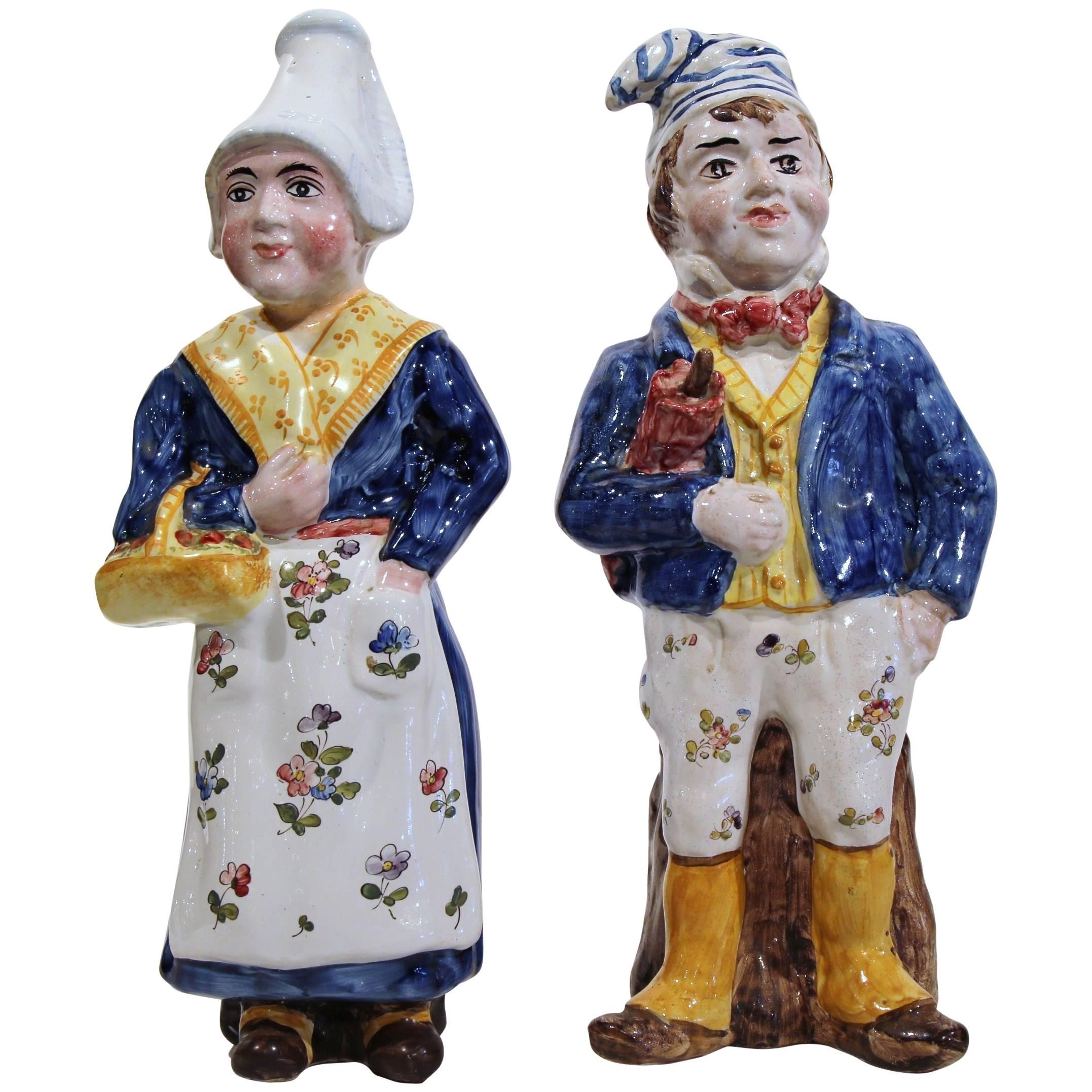 Pair of 19th Century French Hand-Painted Faience Figurines Marked QR