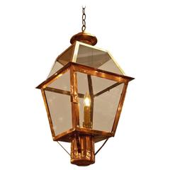 Antique American Copper & Glass Dome Finial Hanging Lantern, Circa 1820
