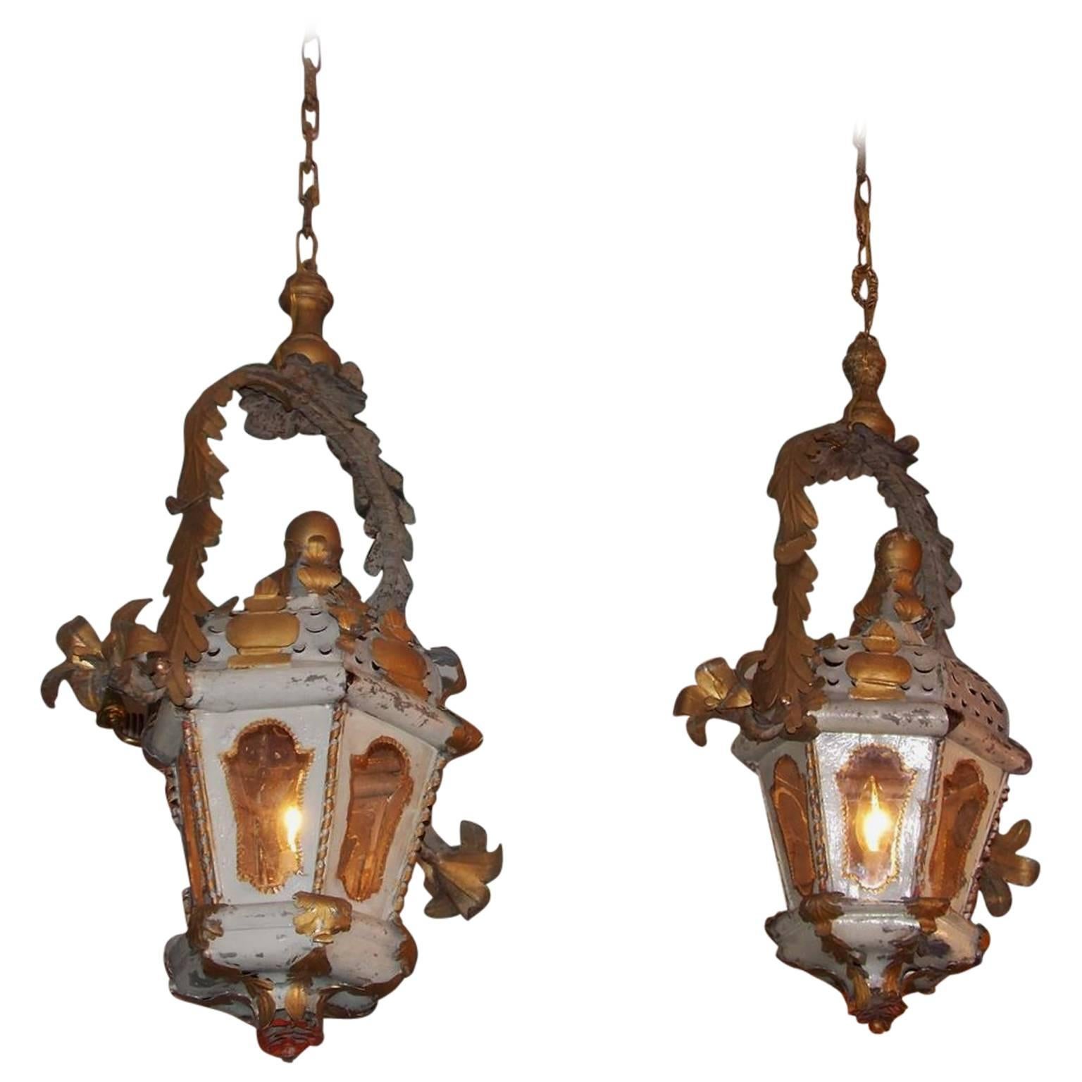 Pair of Venetian Tin Painted & Gilt Hanging Hall Lanterns, Circa 1830