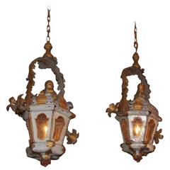 Pair of Venetian Tin Painted & Gilt Hanging Hall Lanterns, Circa 1830