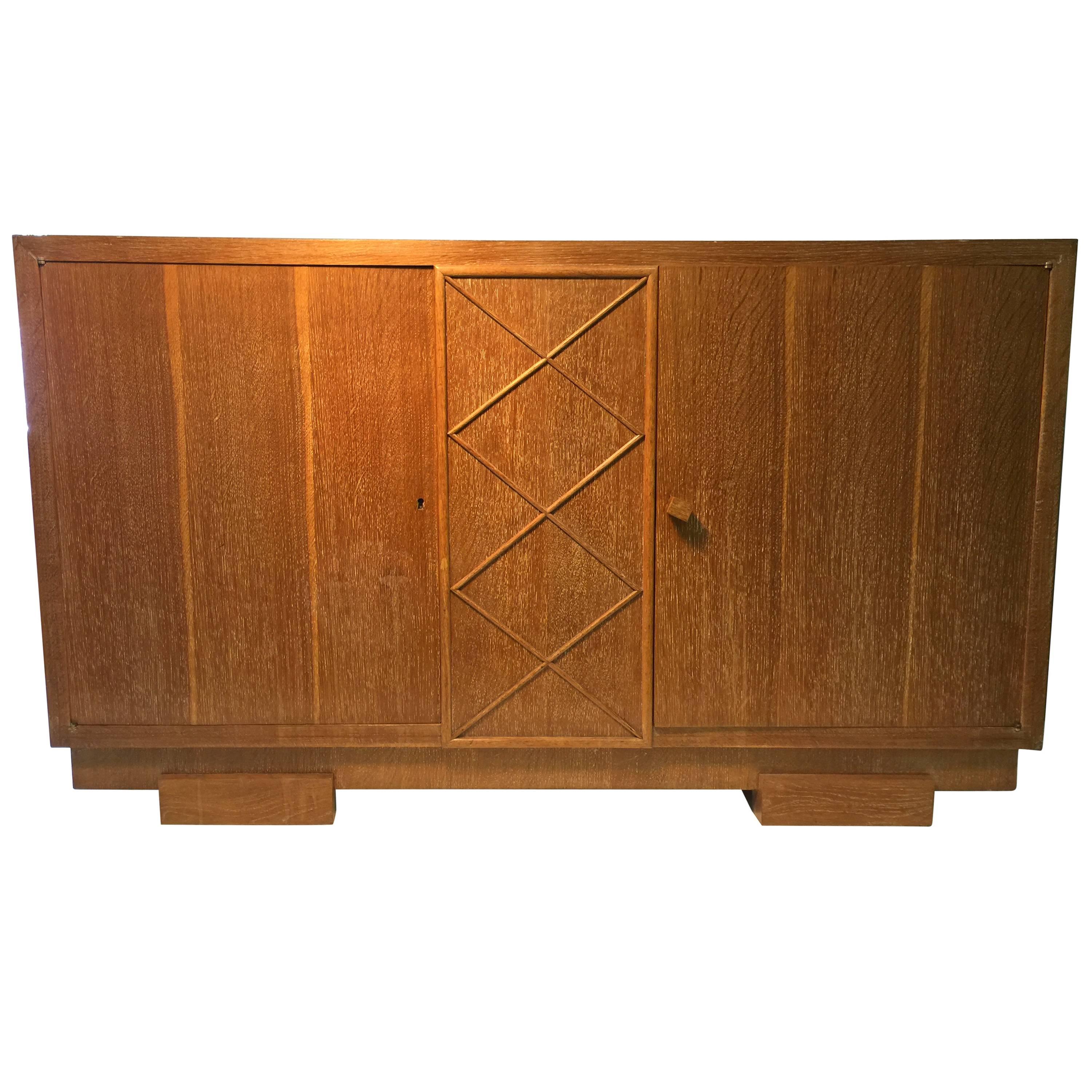 Unusual Sideboard or Cabinet in Cerused Oak Attributed to Jacques Adnet For Sale