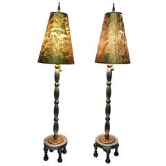 Sensational Pair of Wood and Brass Ball Table Lamps Inspired by James Mont