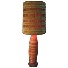 Exquisite Midcentury Striped Pottery Table Lamp with Original Drum Shade