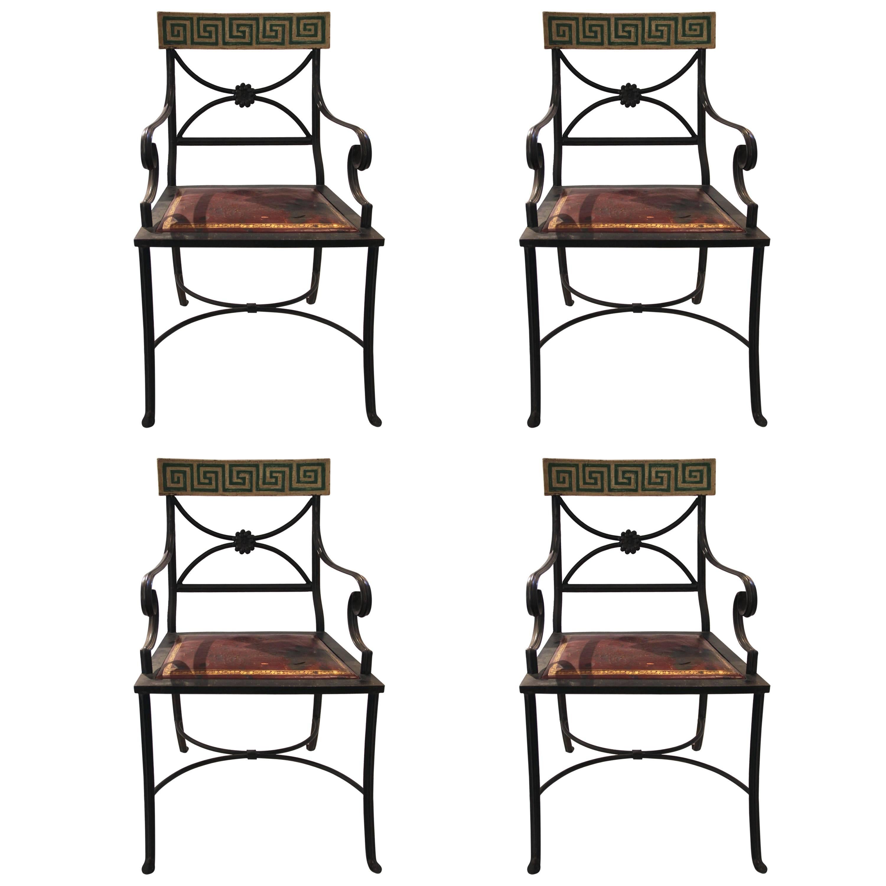 Set of Four Chairs, Iron, Wood and Seat Original Leather, circa 1970, France