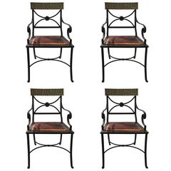 Set of Four Chairs, Iron, Wood and Seat Original Leather, circa 1970, France