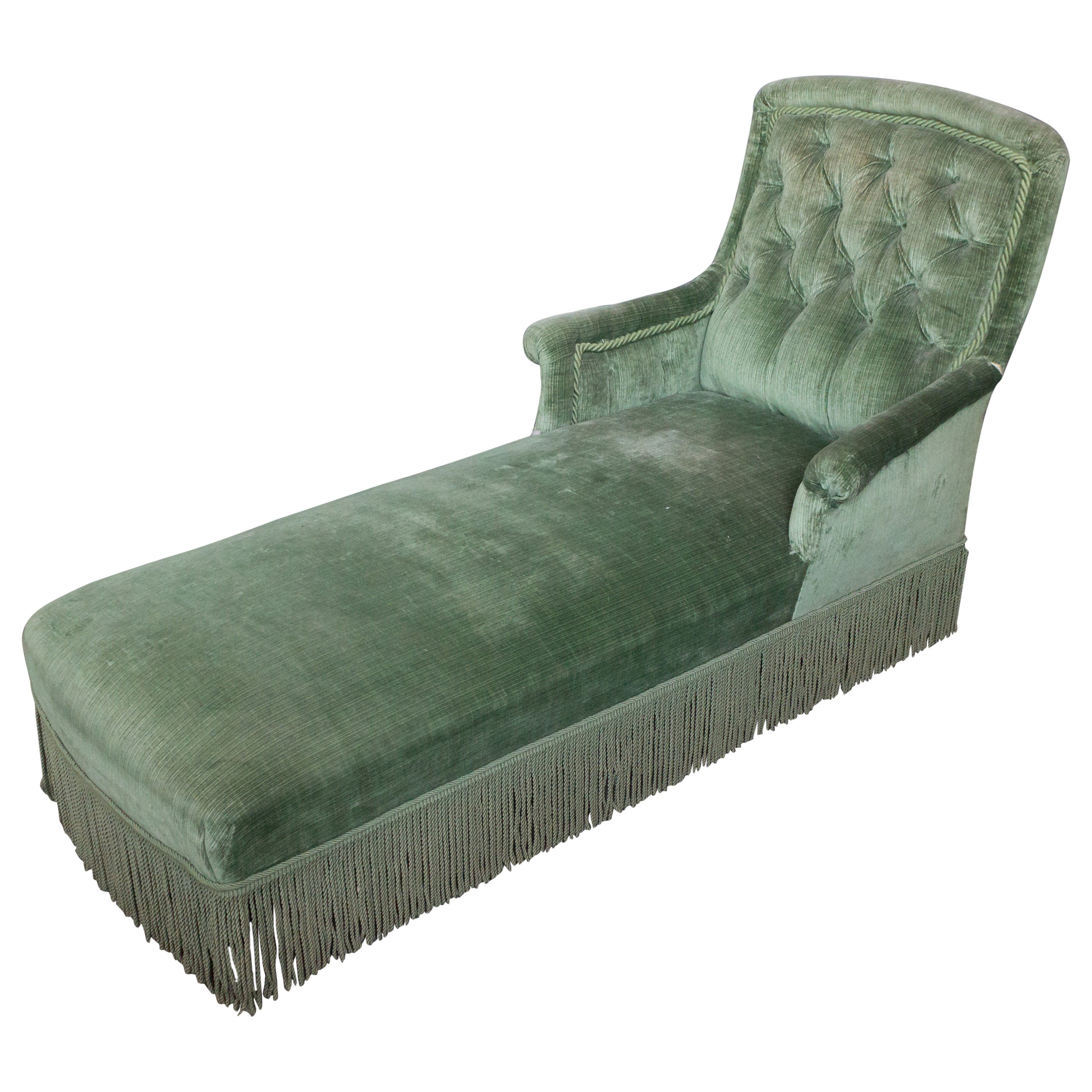 Elegant French Chaise Longue in Green Velvet at 1stDibs
