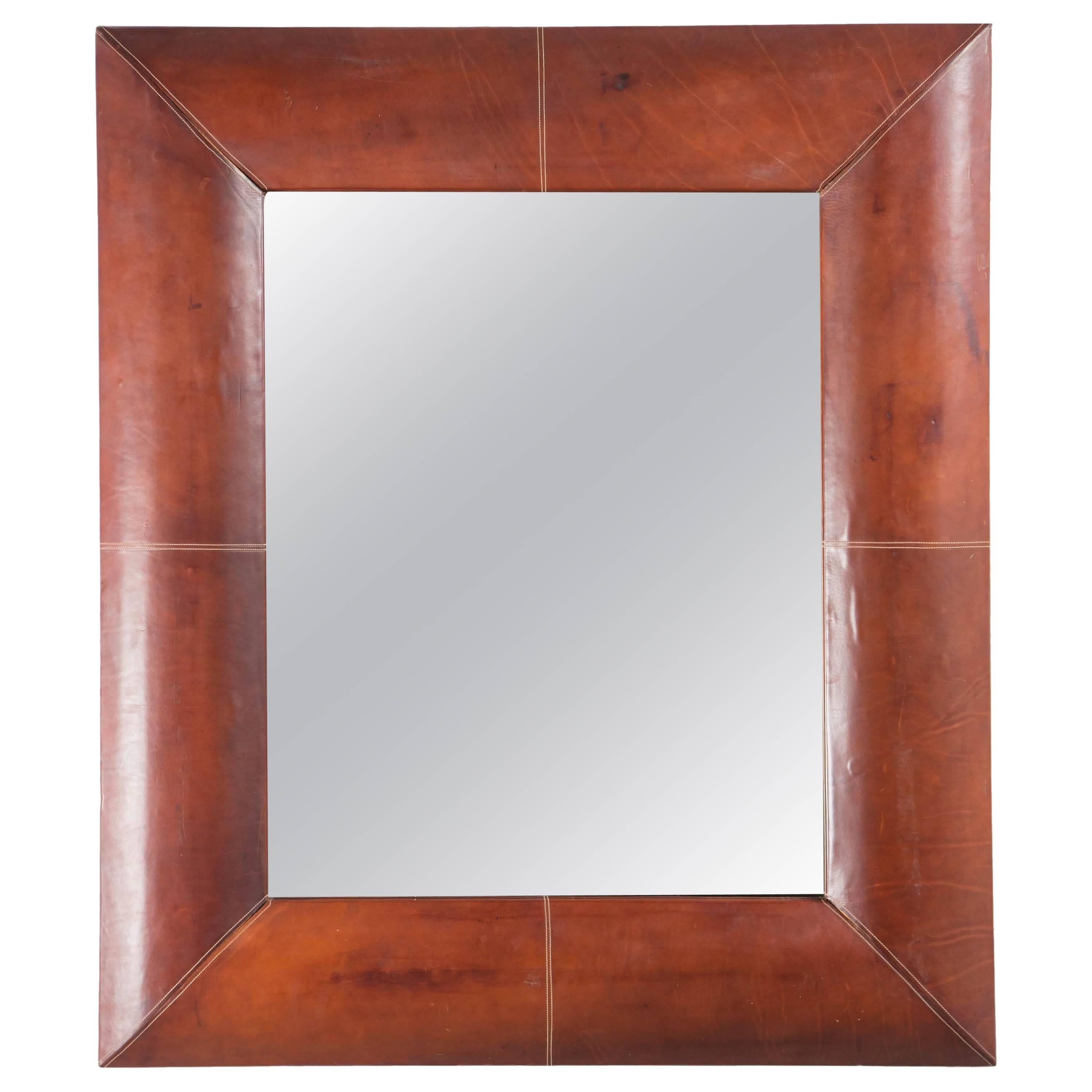 Large French Mirror with Stitched Leather For Sale