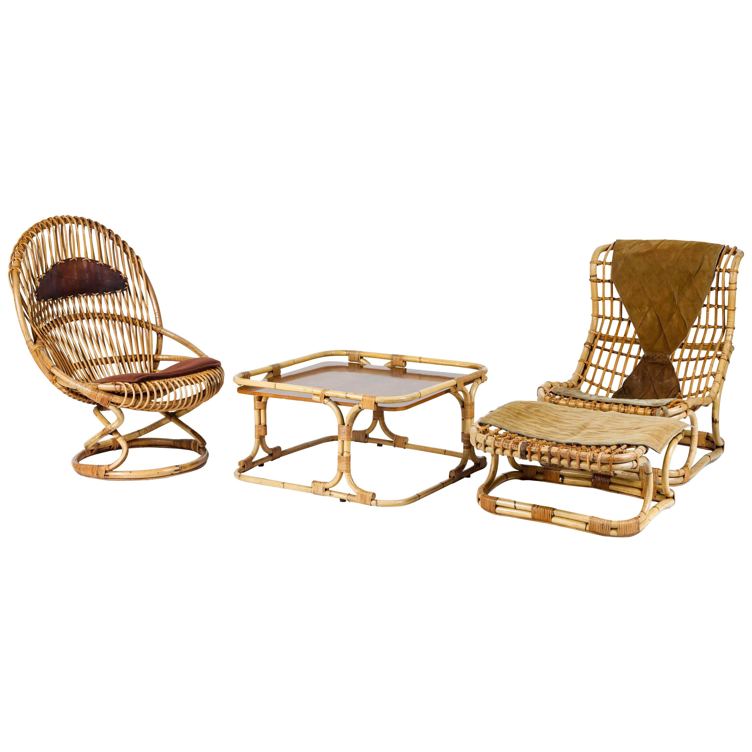 DANISH RATTAN FURNITURE SET, c. 1950 For Sale