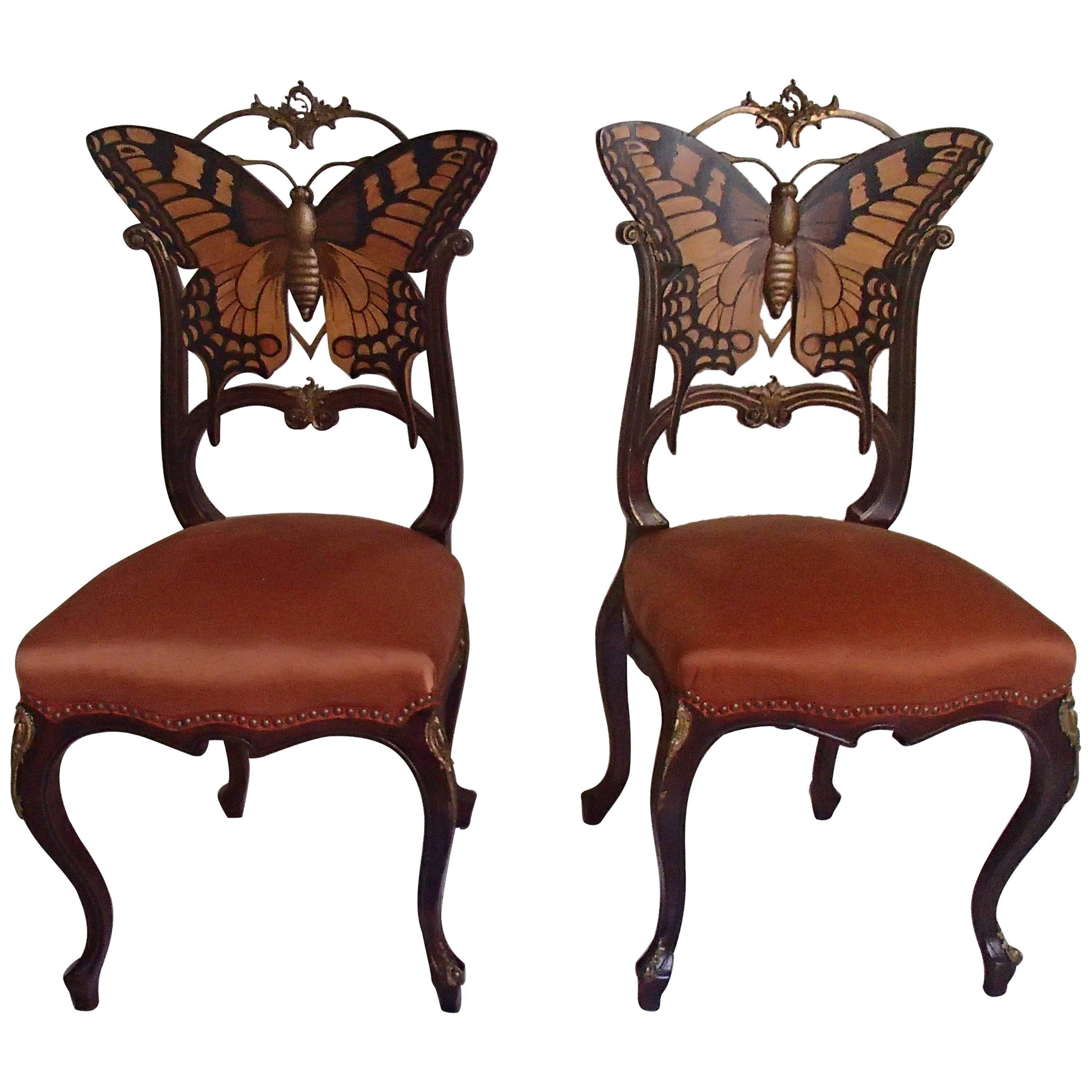 Pair of Early Art Nouveau Butterfly Chairs Inlays and Brass