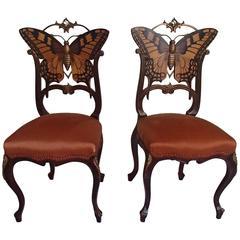Antique Pair of Early Art Nouveau Butterfly Chairs Inlays and Brass