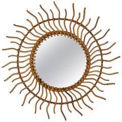 Large 1960s Spanish Bamboo Rattan Sunburst Pinwheel Mirror with Curly Beams