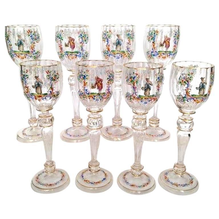 Eight Lobmeyr Style Wine Glasses, Austria, circa 1900, HandPainted