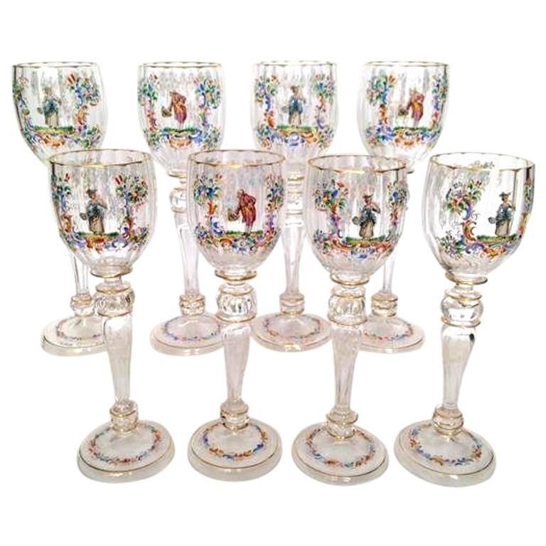 Eight Lobmeyr Style Wine Glasses, Austria, circa 1900, Hand-Painted, Extra Tall For Sale
