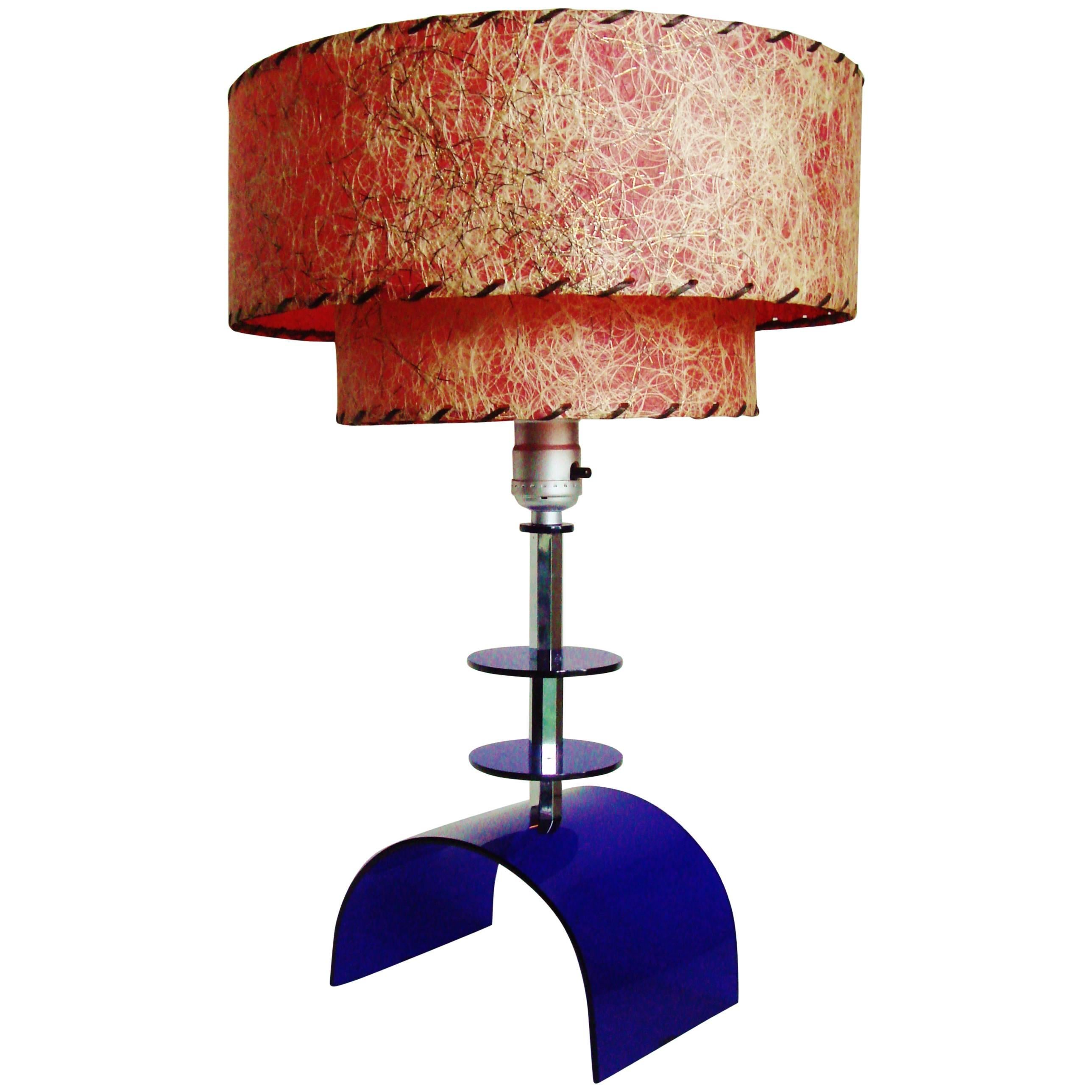 American Mid-Century Cobalt Lucite & Chrome Table Lamp with Red Two-Tiered Shade For Sale