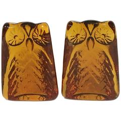 Vintage Pair of Blenko Glass Amber Owl Book Ends