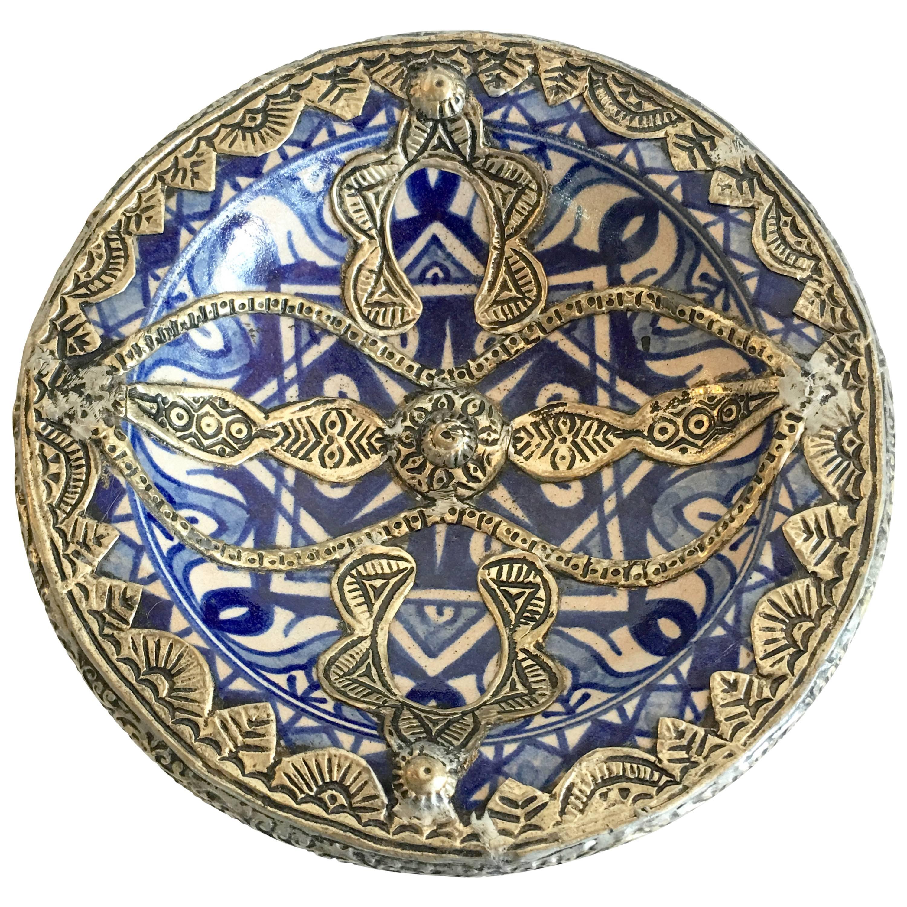 Moroccan Fes Blue Pottery Bowl with Silver Overlay from Fes