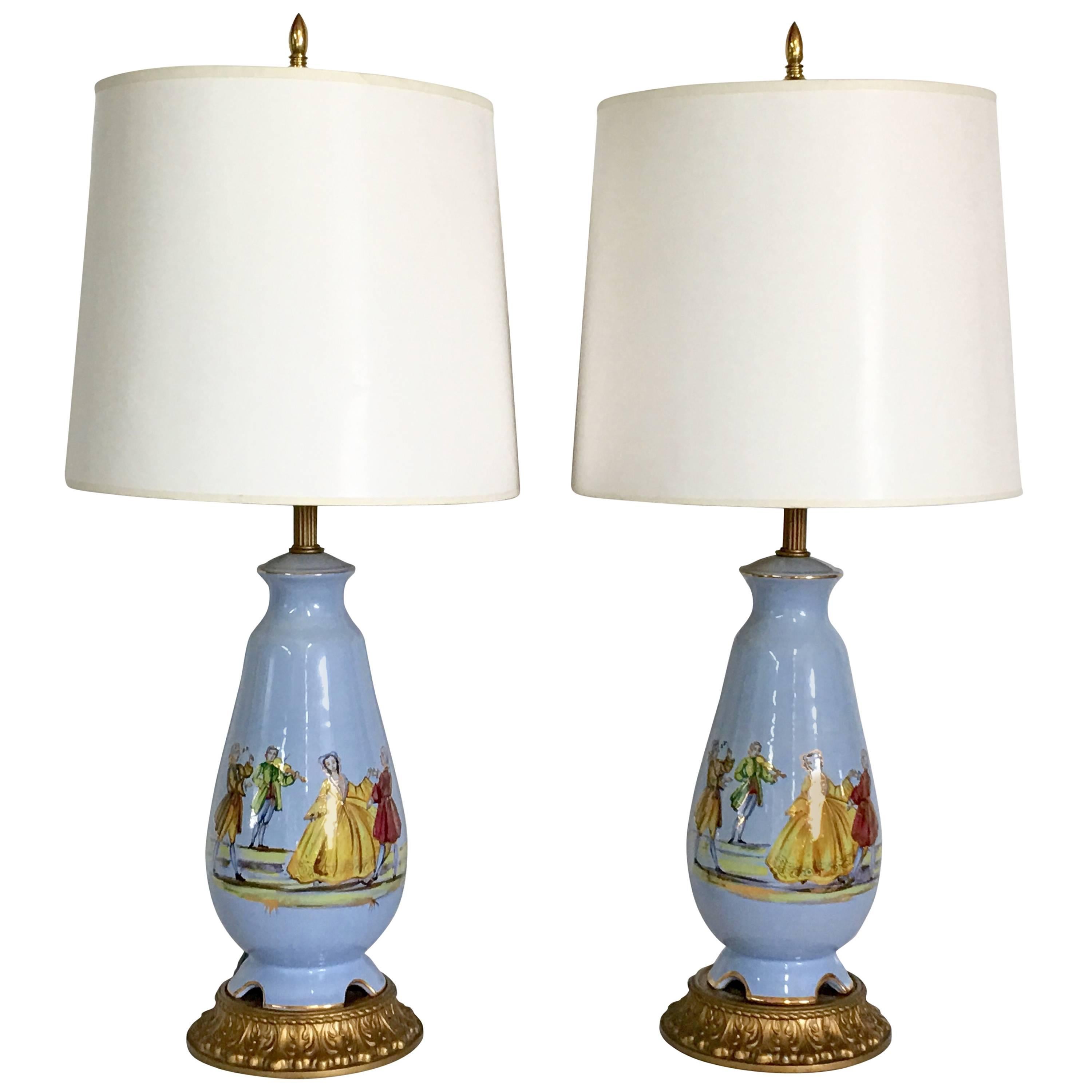 Mid-Century Pair Of French Blue & Gilt Bronze Porcelain Decalcomania Lamps For Sale